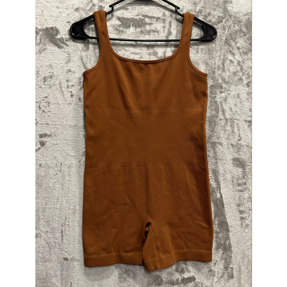 Women’s Brown Active Romper Ribbed Sleeveless Design Size Large Seamless Unitard